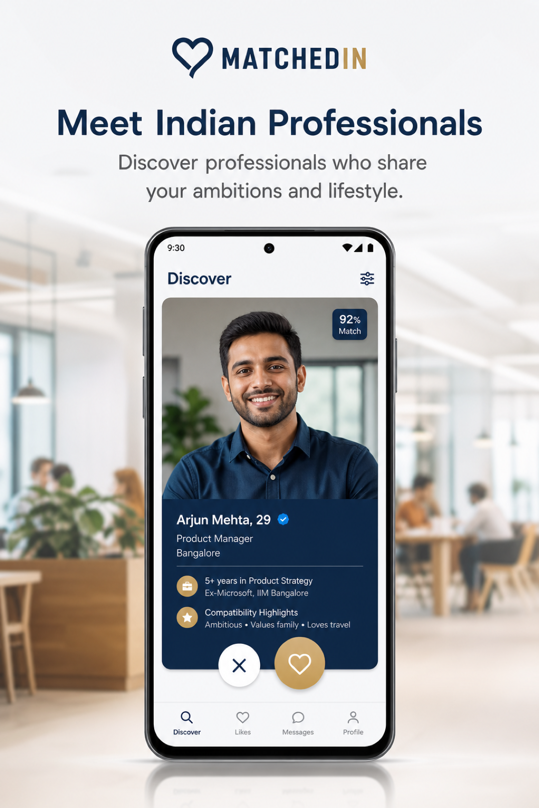 MatchedIn discover screen showing professional profiles